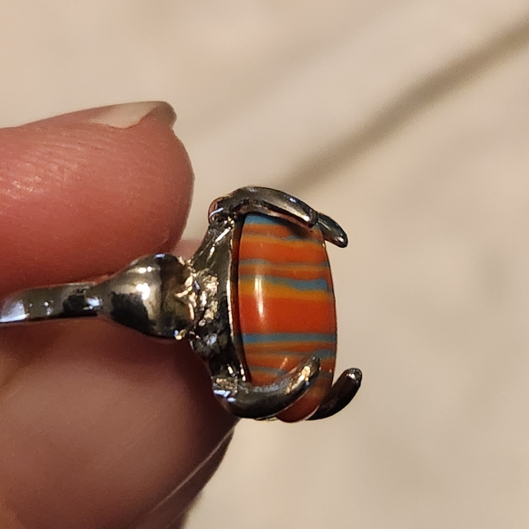 Charm/Striped Synthetic Striped Orange and Blue Silver Ring Size 8.5 - Picture 3 of 4